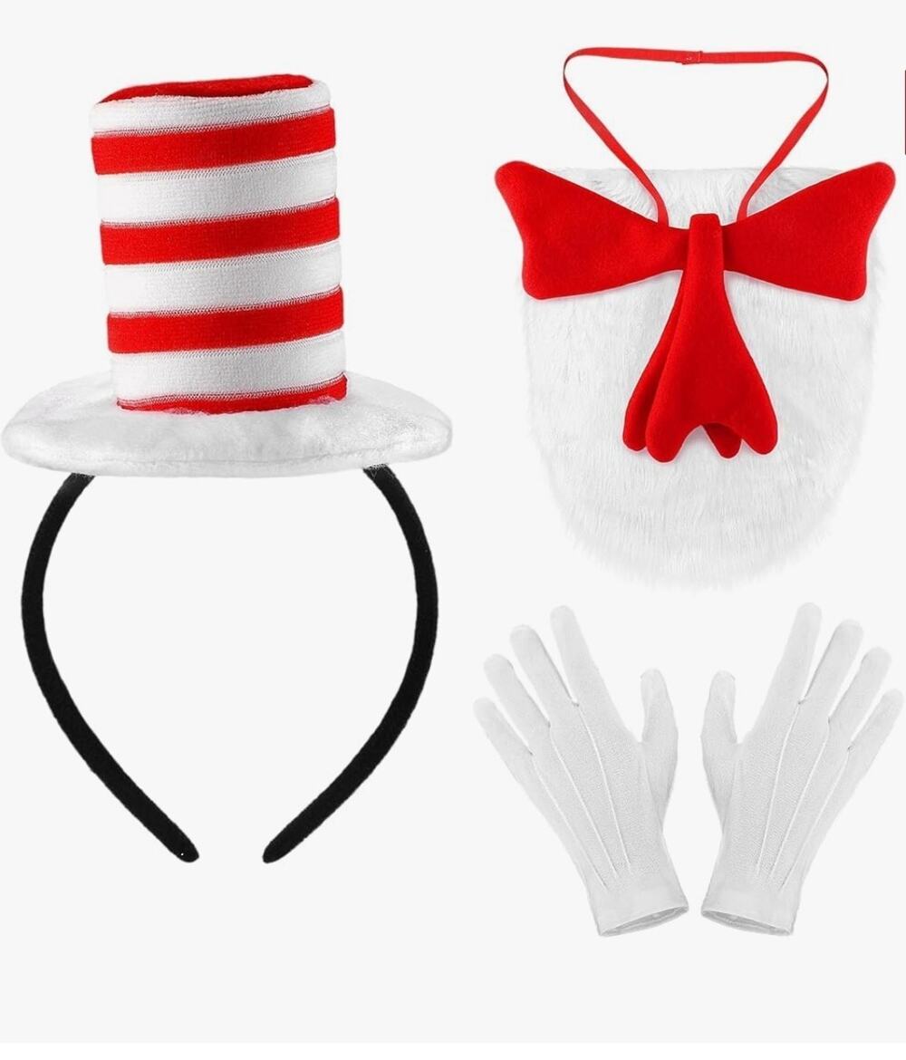 3-Piece Cat Headband Red White Striped Hat Furry Bow Tie White Gloves